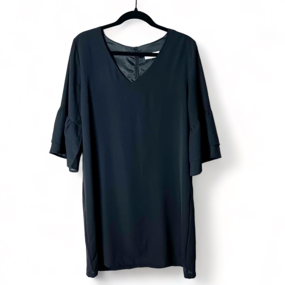 Belongsci - Black Smock Tunic V Neck Dress LBD - Sz. L
